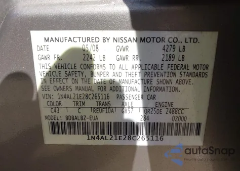 2008 Nissan Altima 2.5 S from USA, damaged, VIN 1N4AL21E28C265116